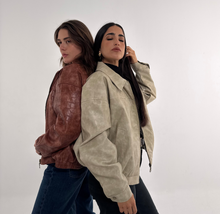 Load image into Gallery viewer, Vintage Croc-Texture Faux Leather Bomber Jacket in Beige