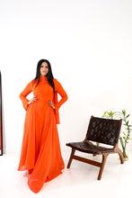 Load image into Gallery viewer, Amwaj gown with shoulder drappes in Orange with cover chest