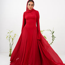 Load image into Gallery viewer, Amwaj gown with shoulder drappes in Dark red with cover chest