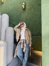 Load image into Gallery viewer, Vintage Croc-Texture Faux Leather Bomber Jacket in Beige