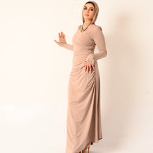 Load image into Gallery viewer, Rouched Side Long Sleeve Dress in Beige