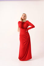 Load image into Gallery viewer, Rouched Side Long Sleeve Dress in Red