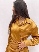 Load image into Gallery viewer, Tie side wrap satin gold dress
