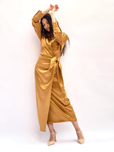 Load image into Gallery viewer, Tie side wrap satin gold dress