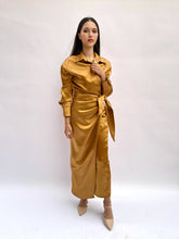 Load image into Gallery viewer, Tie side wrap satin gold dress