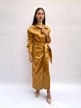 Load image into Gallery viewer, Tie side wrap satin gold dress