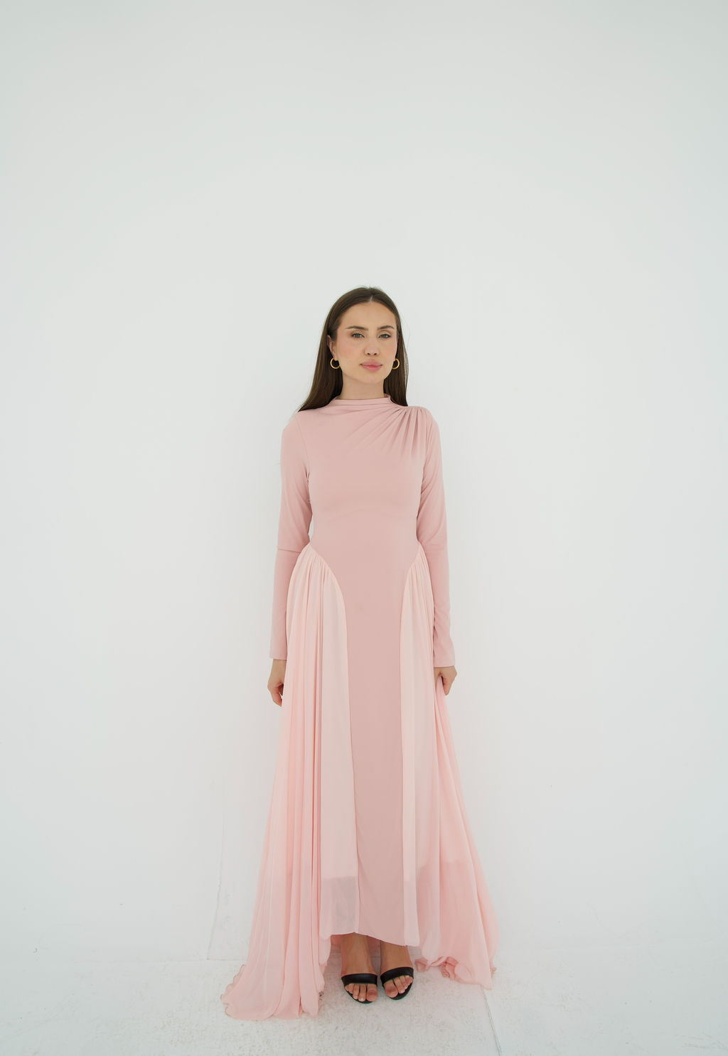Amwaj gown with shoulder drapes in Pink with chest cover
