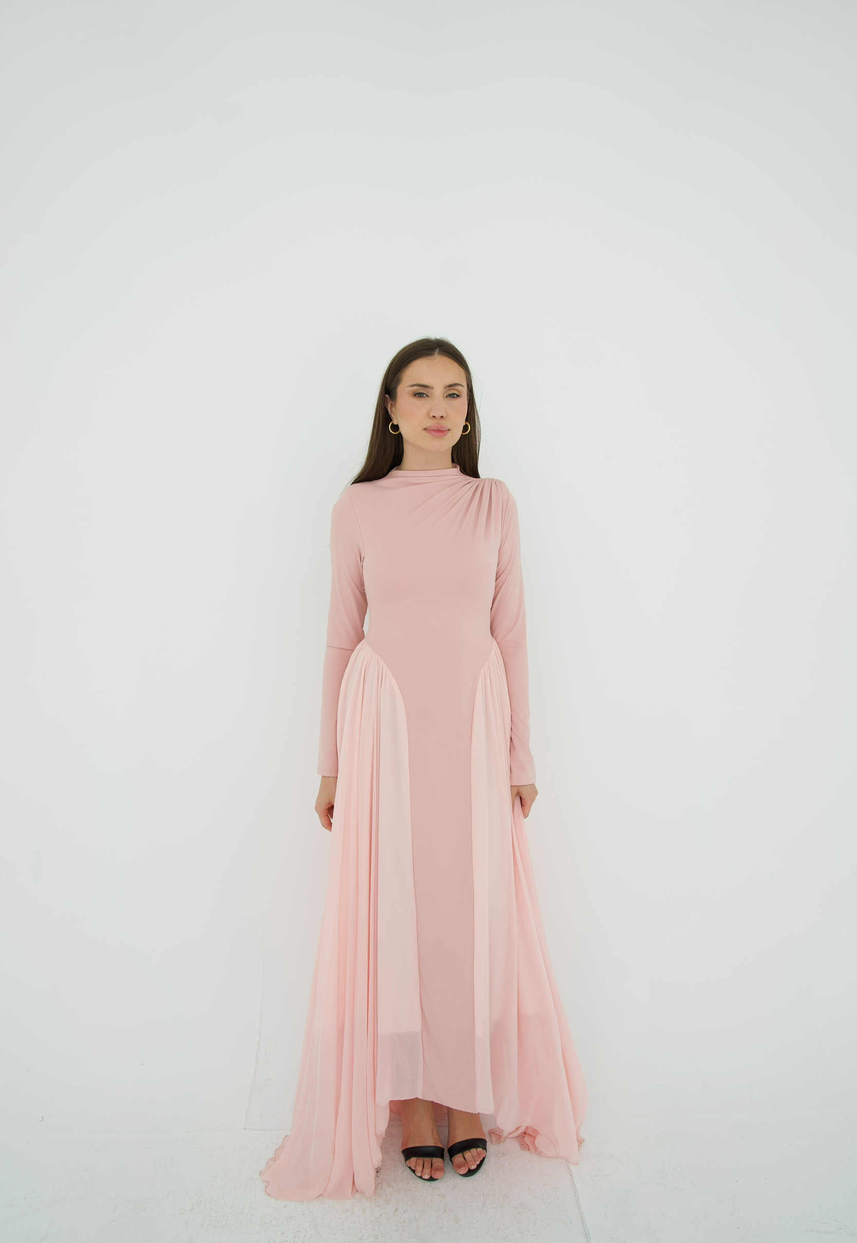 Amwaj gown with shoulder drapes in Pink with chest cover
