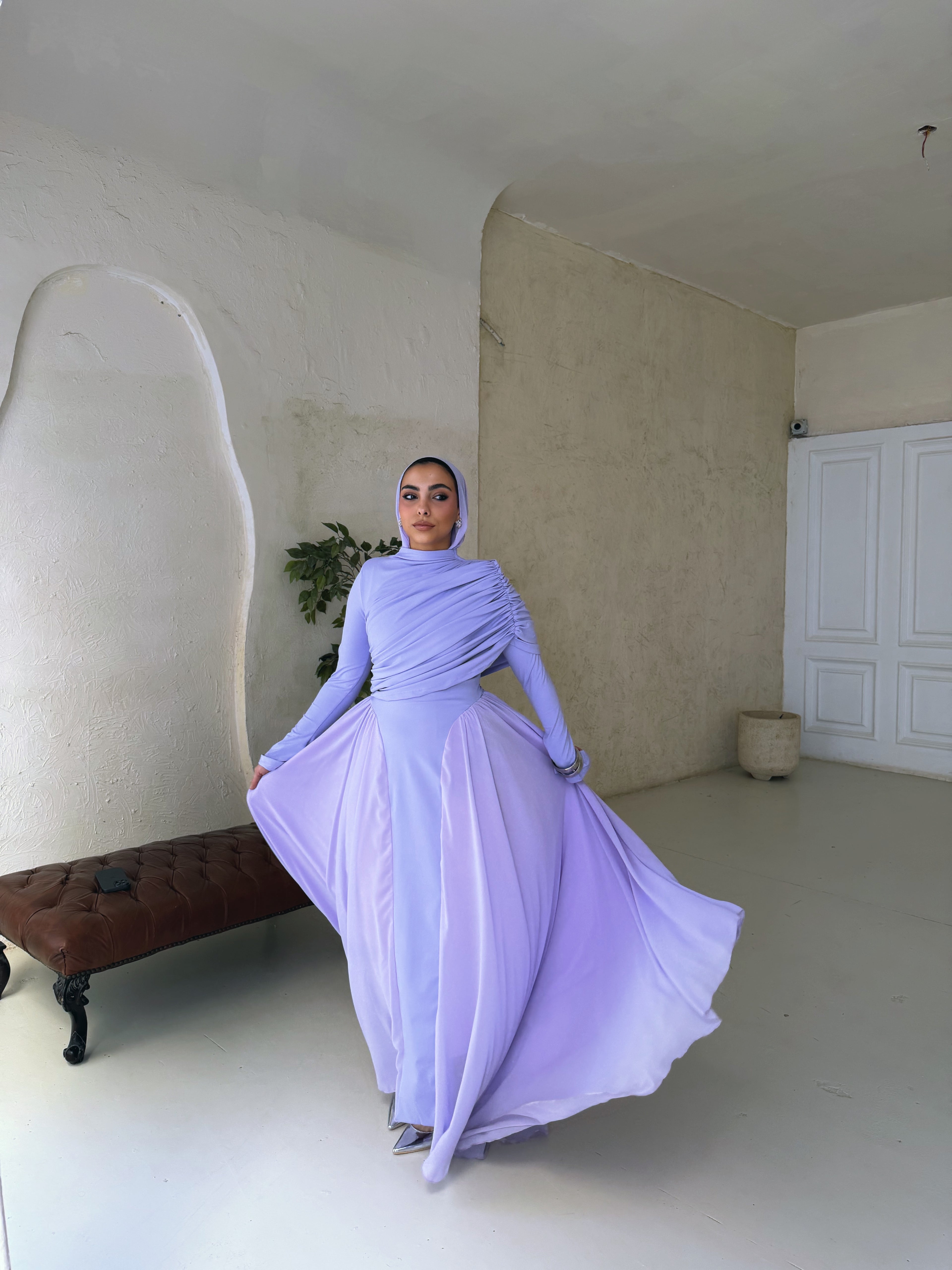 Amwaj gown with shoulder drappes in Lilac with chest cover