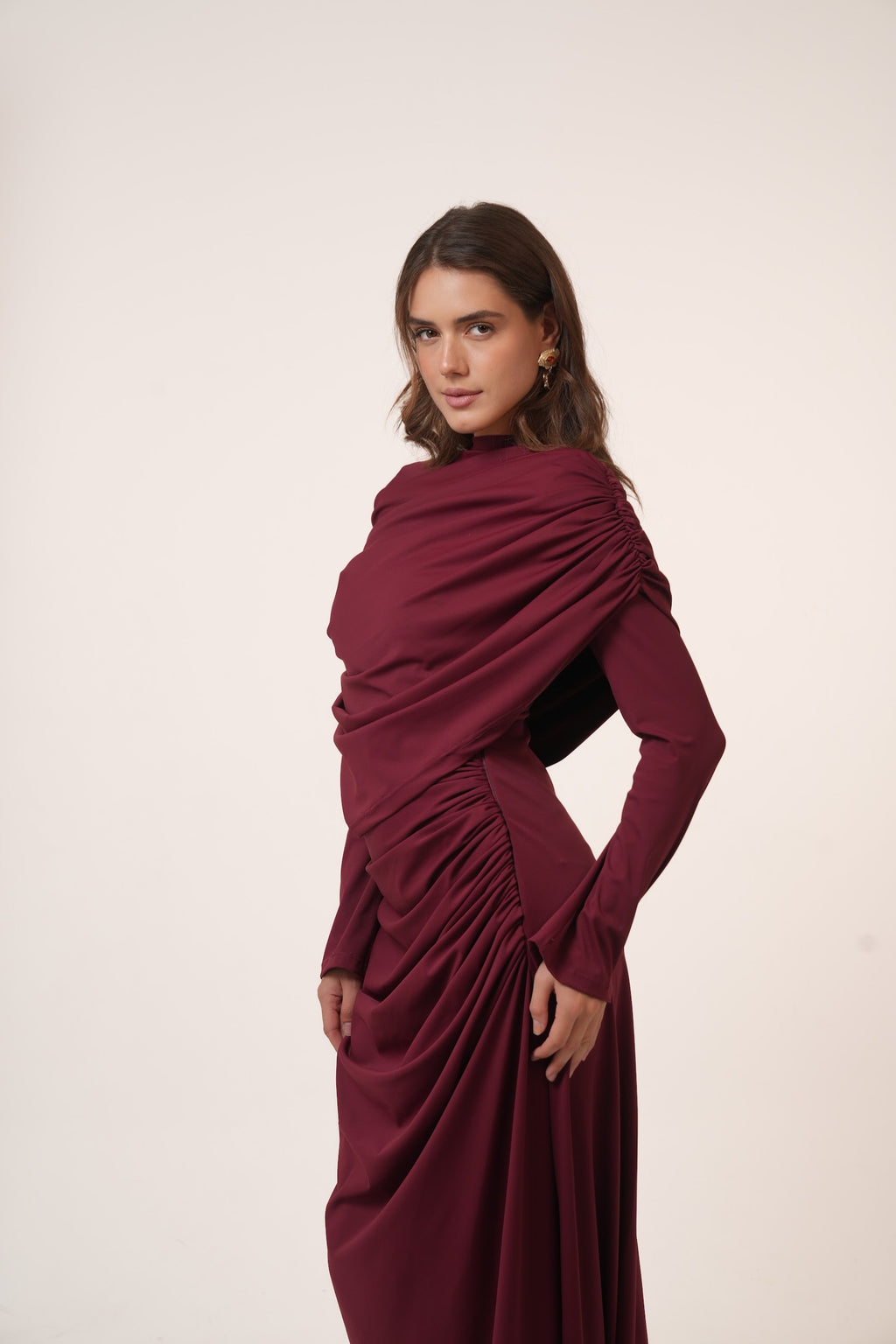 One-Side Draped Maxi Dress with Chest Cover in Burgundy