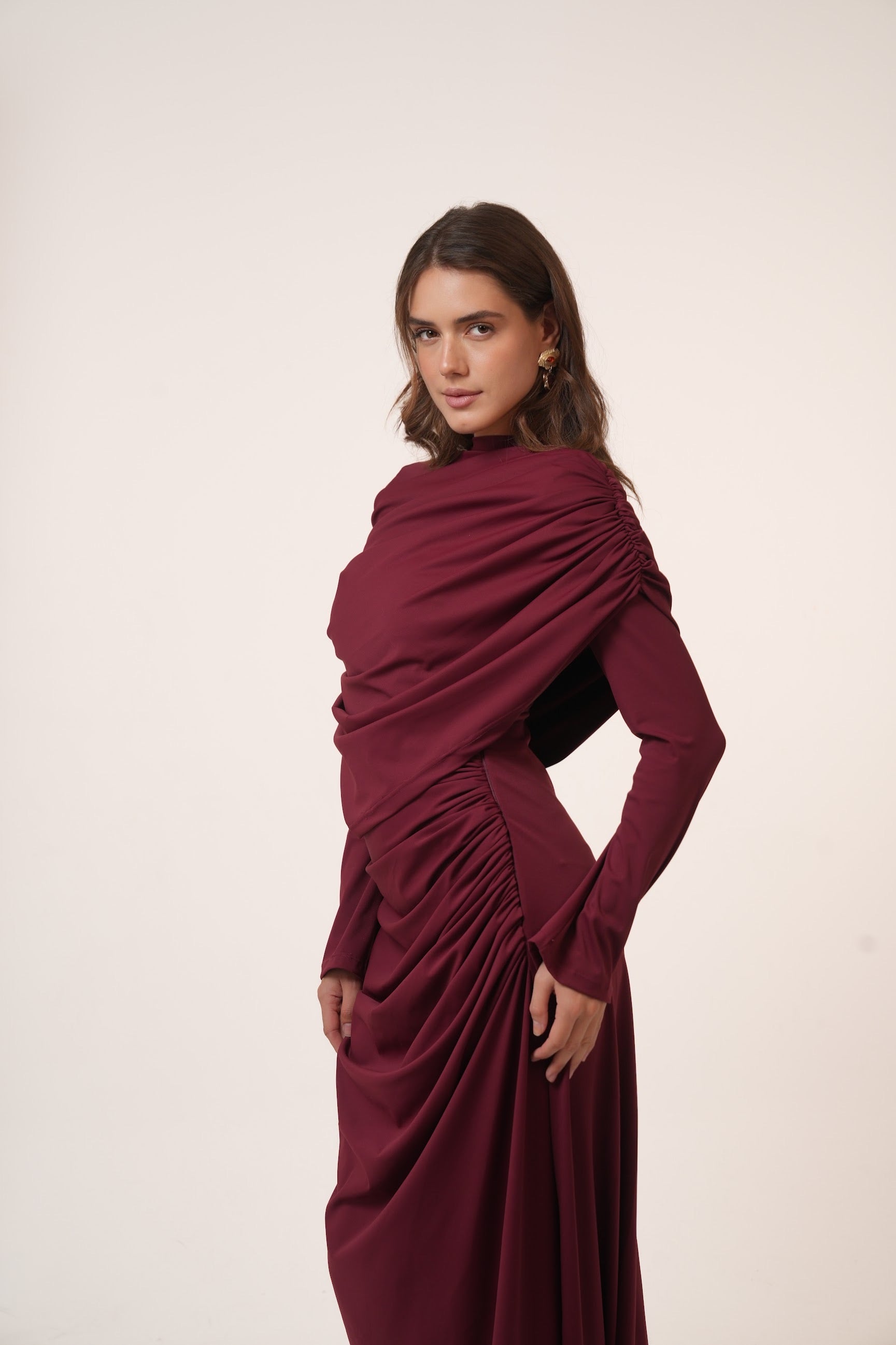 One-Side Draped Maxi Dress with Chest Cover in Burgundy