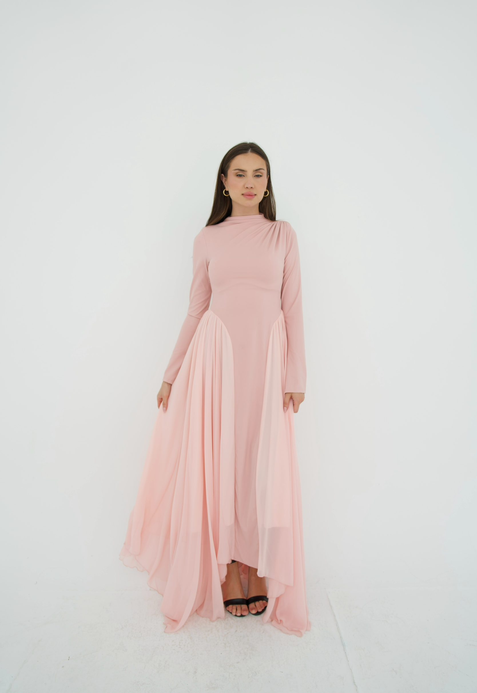Amwaj gown with shoulder drapes in Pink with chest cover