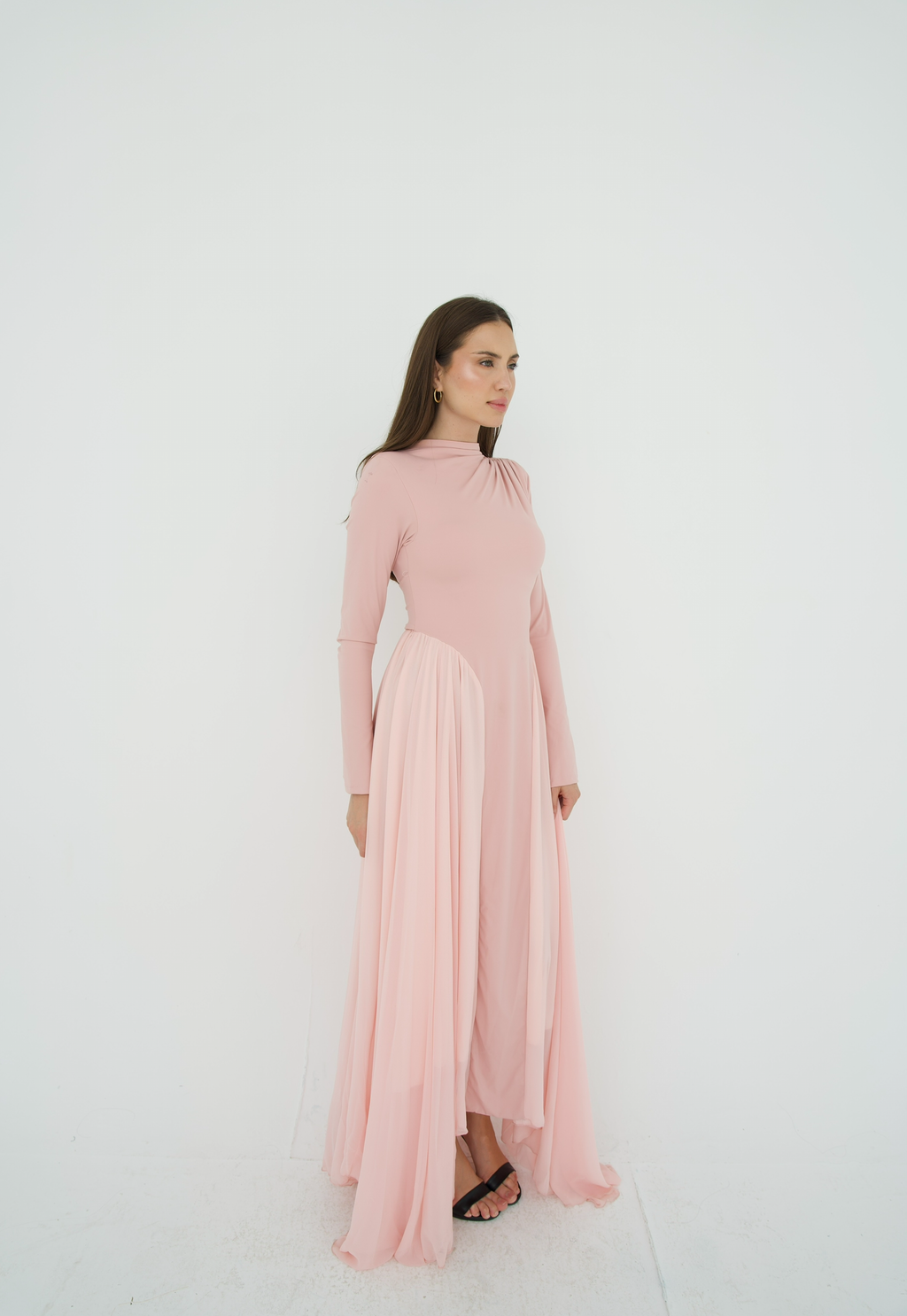 Amwaj gown with shoulder drapes in Pink with chest cover