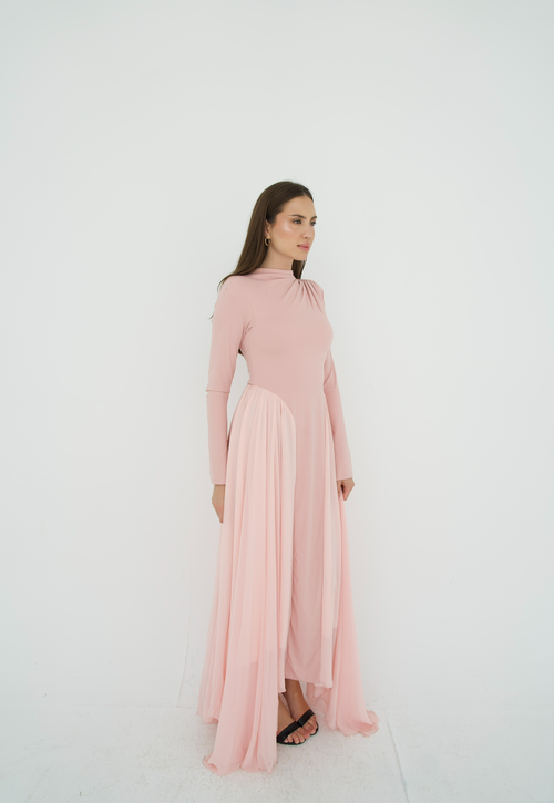 Amwaj gown with shoulder drapes in Pink with chest cover