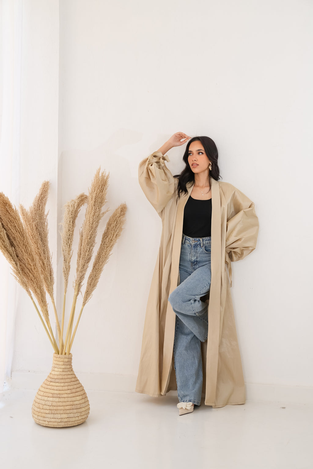 Puffed sleeves kaftan in beige