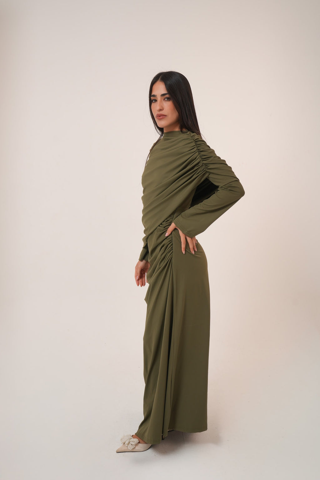 One-Side Draped Maxi Dress with Chest Cover in Olive