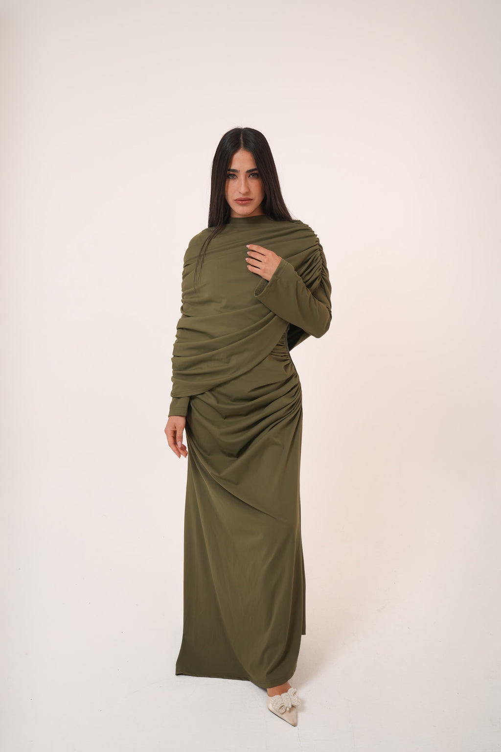 One-Side Draped Maxi Dress with Chest Cover in Olive
