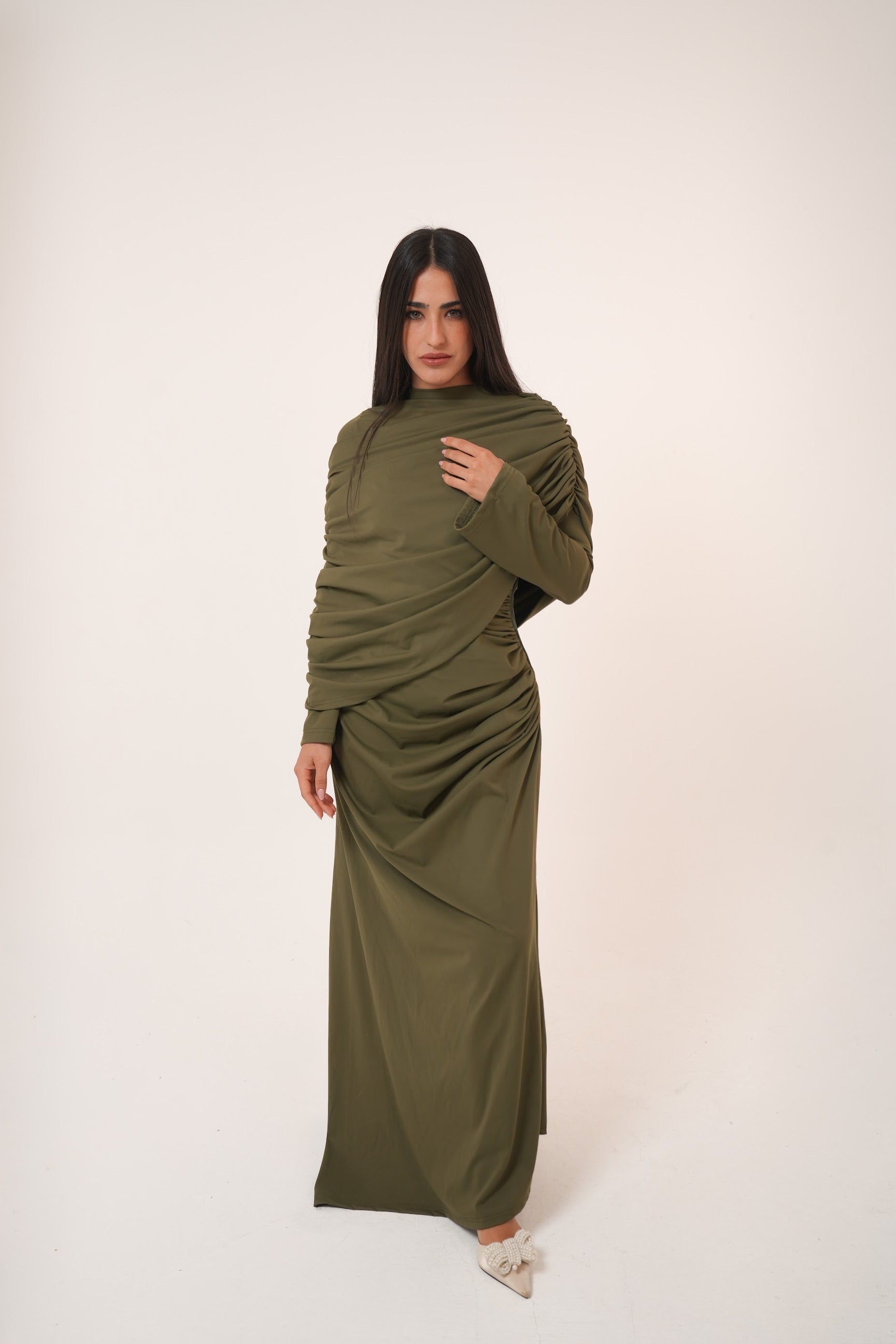 One-Side Draped Maxi Dress with Chest Cover in Olive