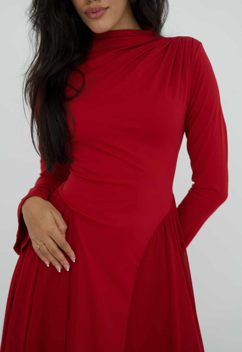 Amwaj gown with shoulder drappes in Dark red with chest cover