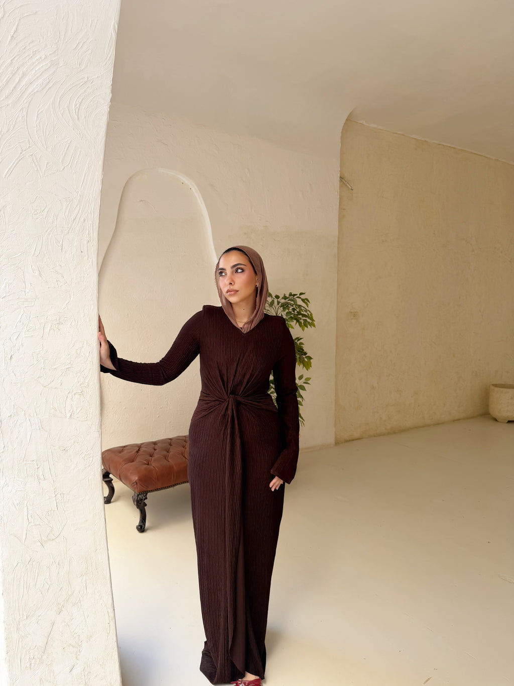 twisted knot maxi dress in Brown