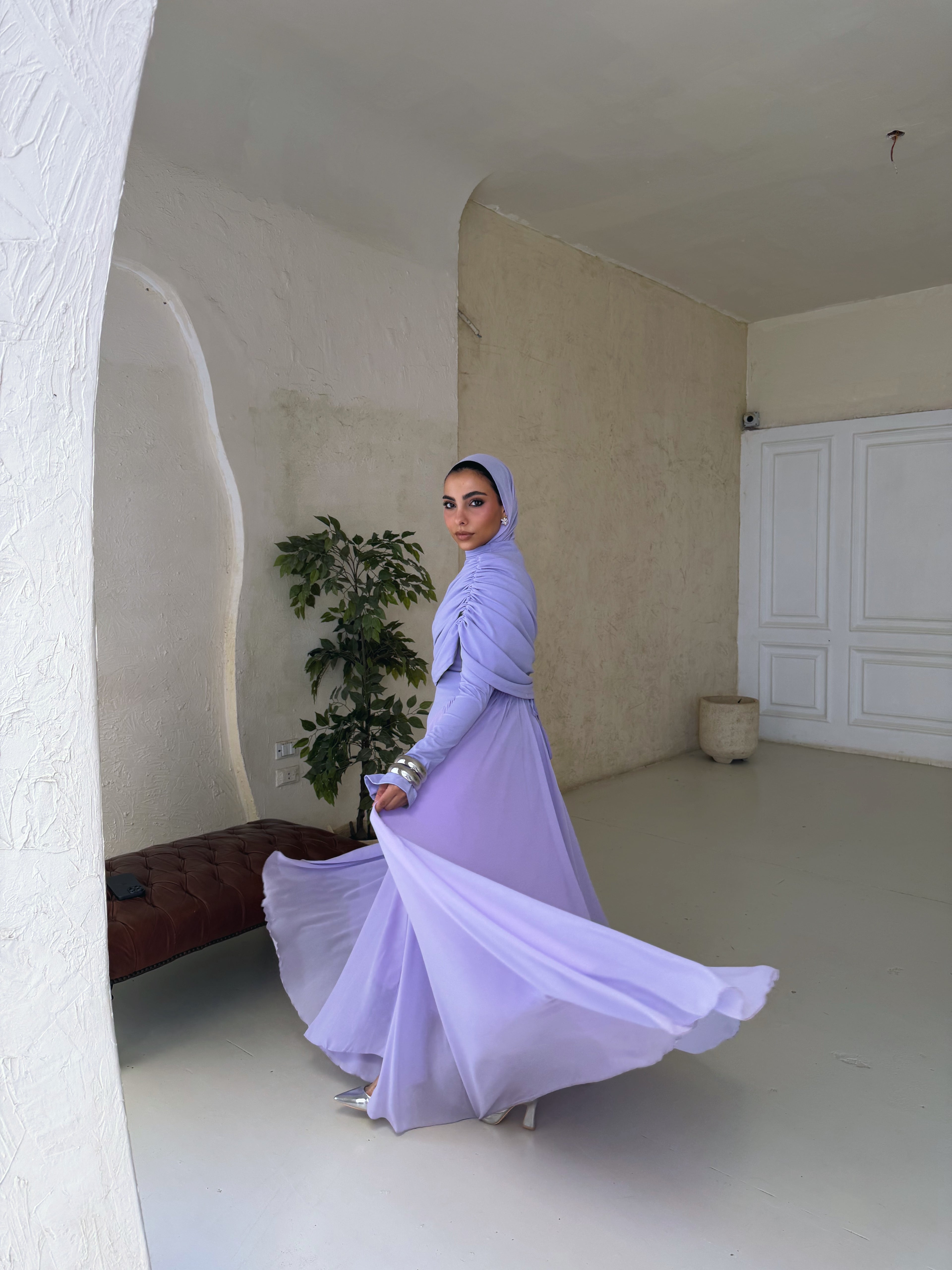 Amwaj gown with shoulder drappes in Lilac with chest cover