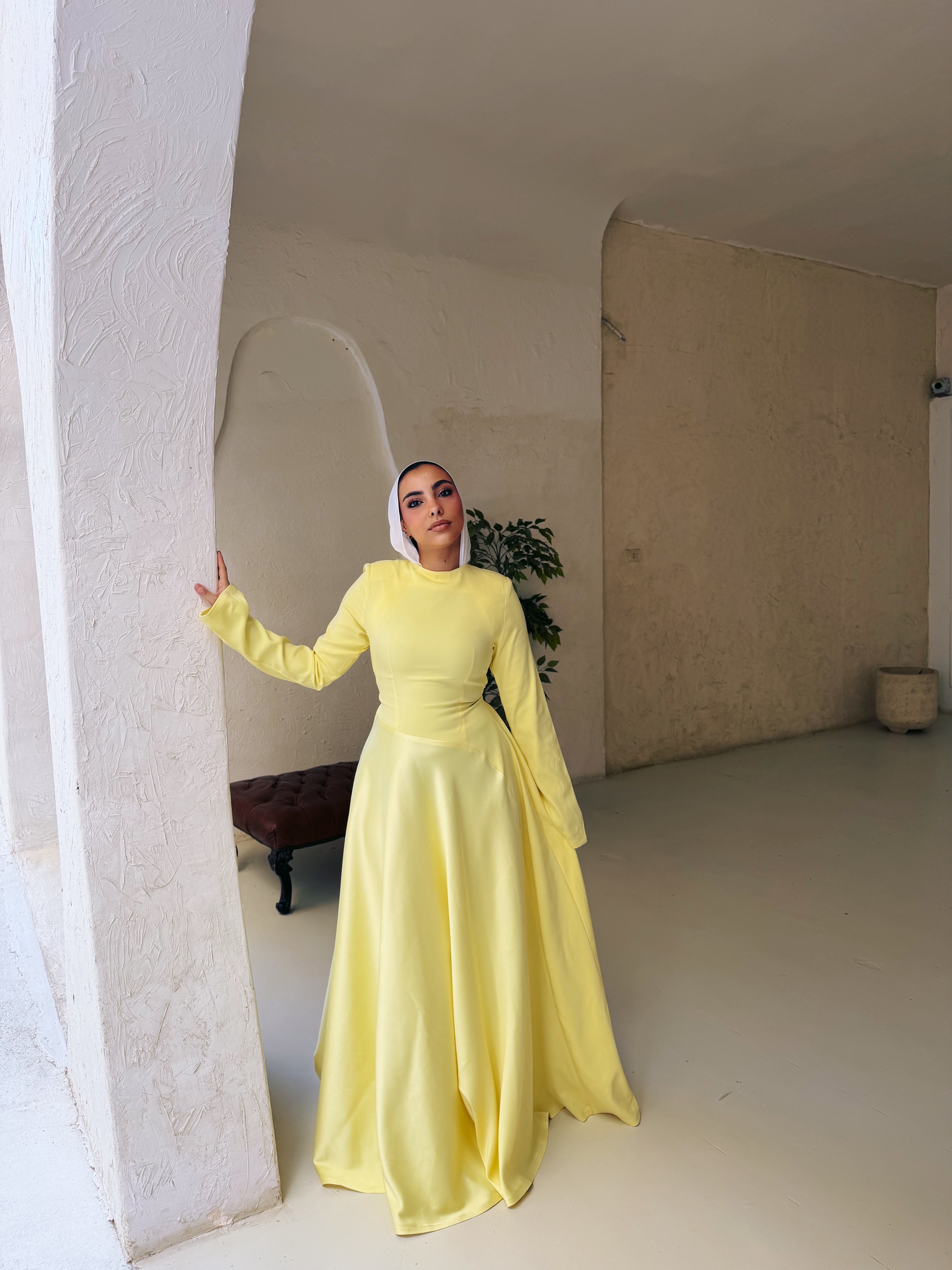 Satin half and half A-line dress in butter yellow