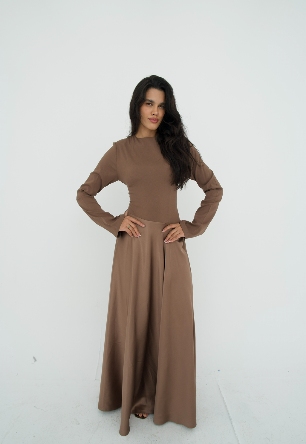 Satin half and half A-line dress in latte brown – Safa ghaly