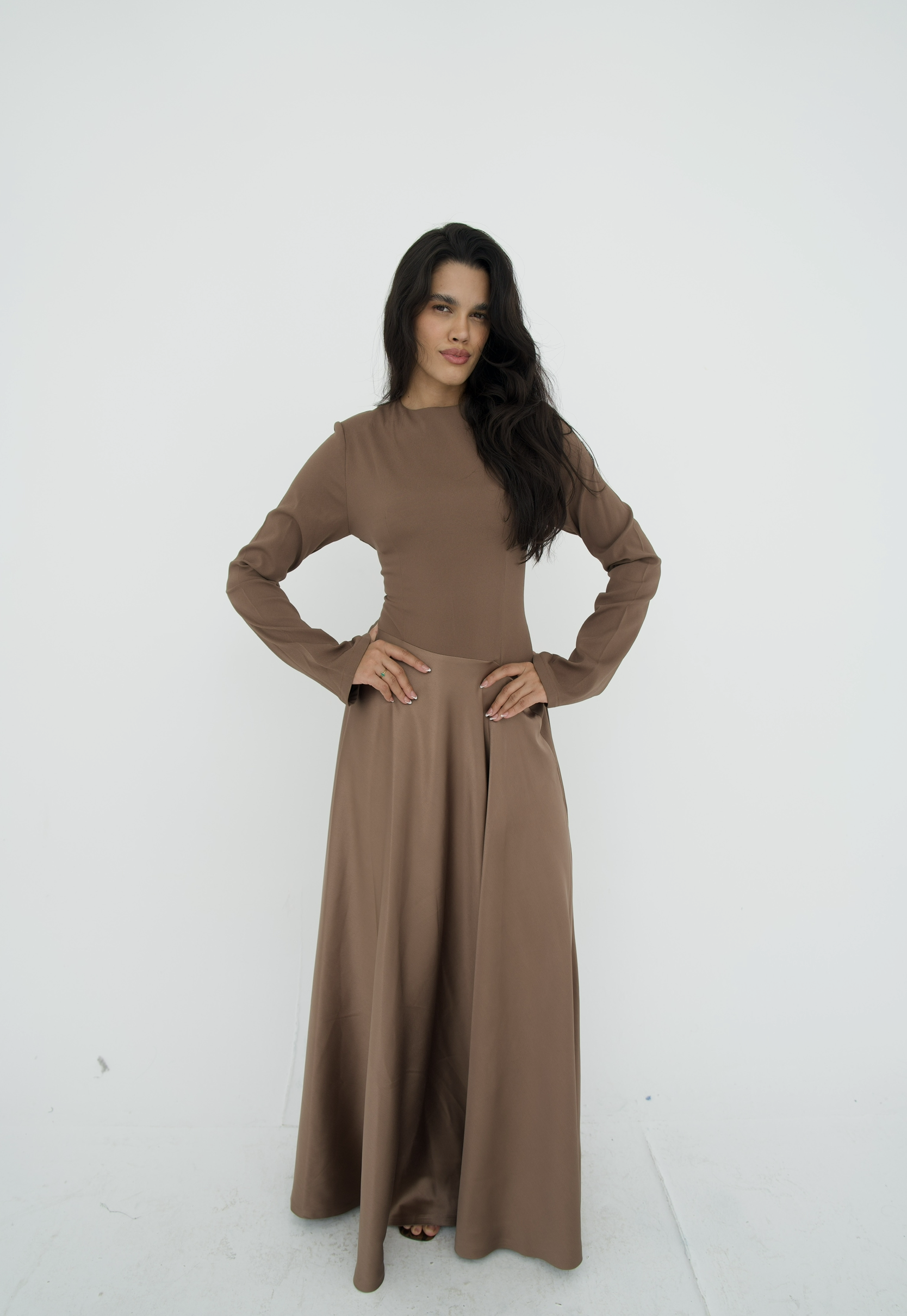 Satin half and half A-line dress in latte brown