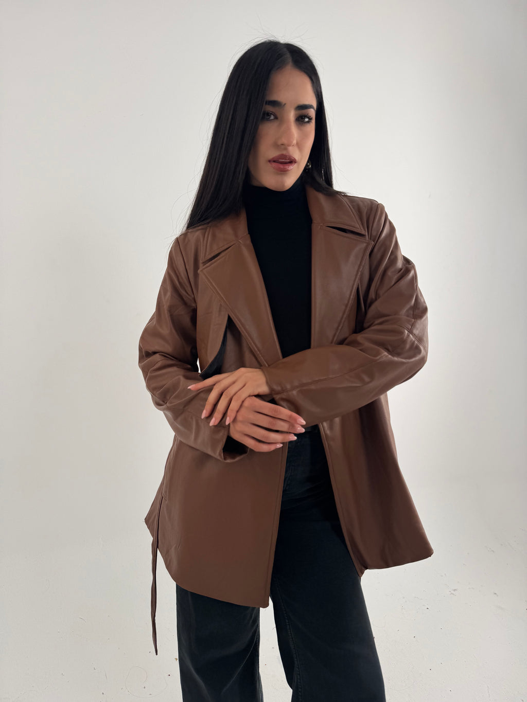 Faux Leather Coat in Camel