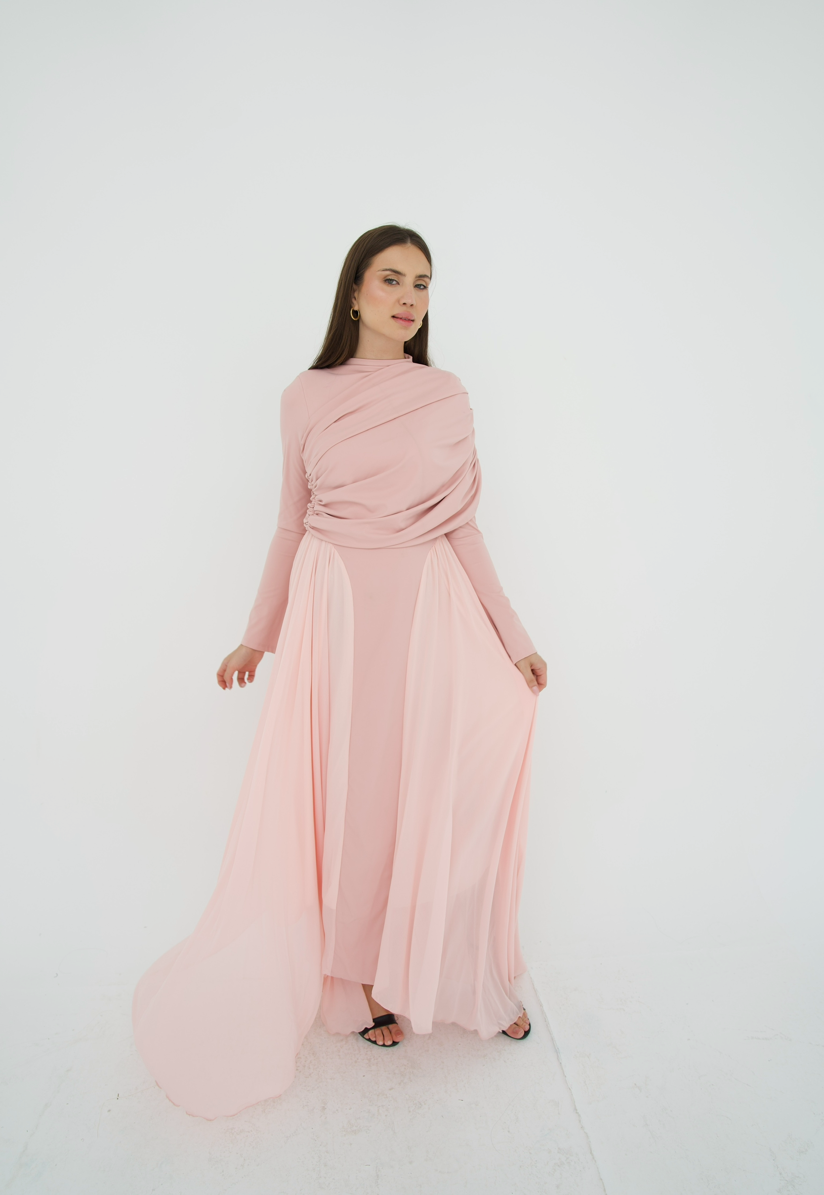 Amwaj gown with shoulder drapes in Pink with chest cover