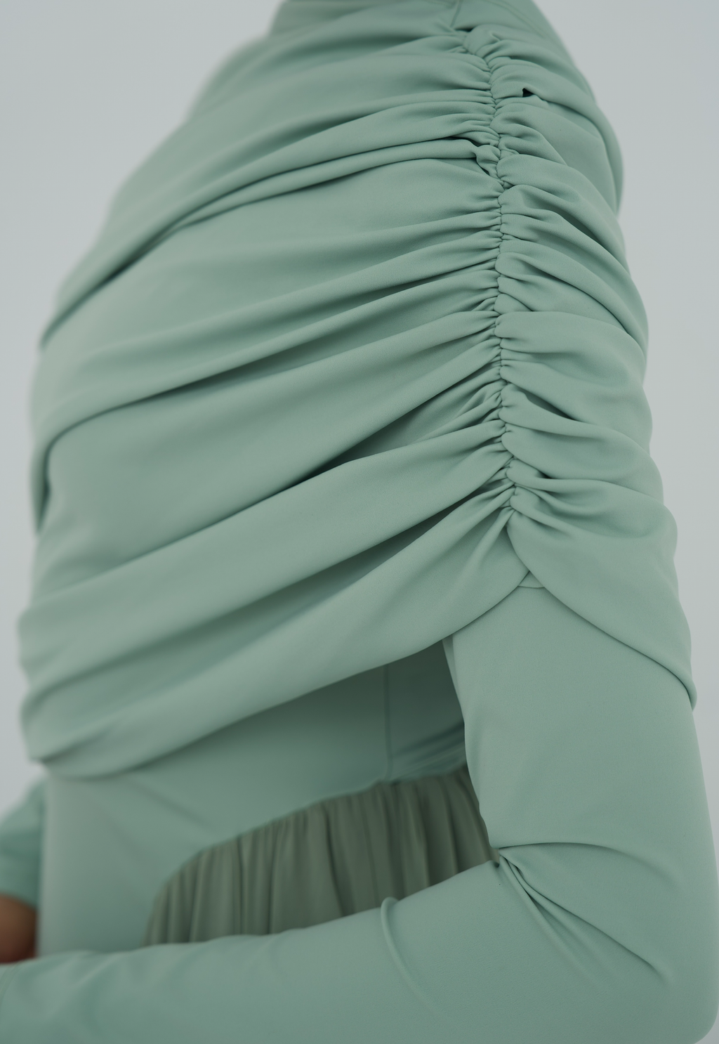 Amwaj gown with shoulder drappes in Mint with chest cover