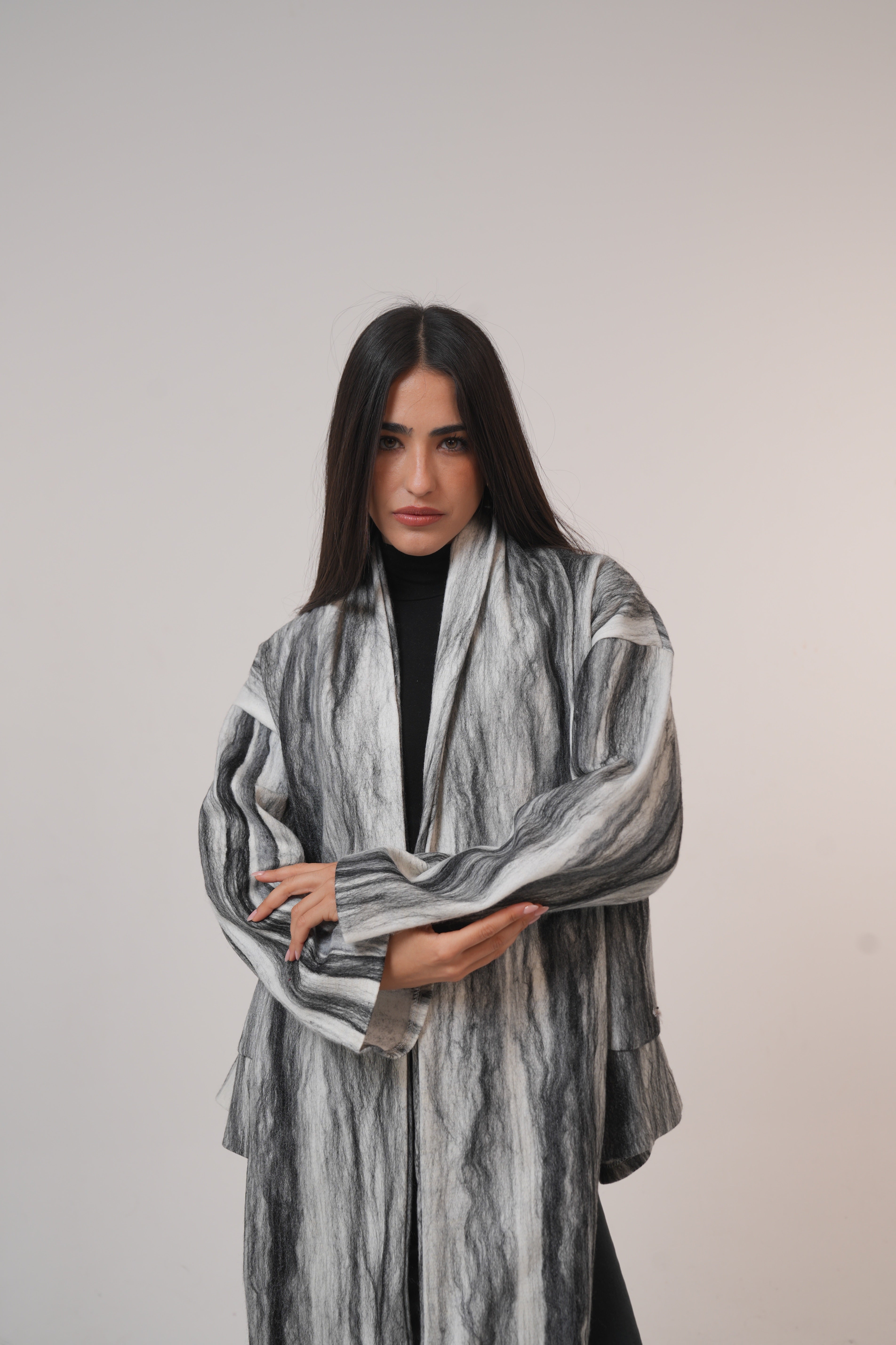 Pure wool jacket with Shawl Black and White