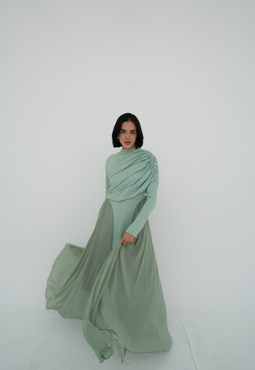 Amwaj gown with shoulder drappes in Mint with chest cover