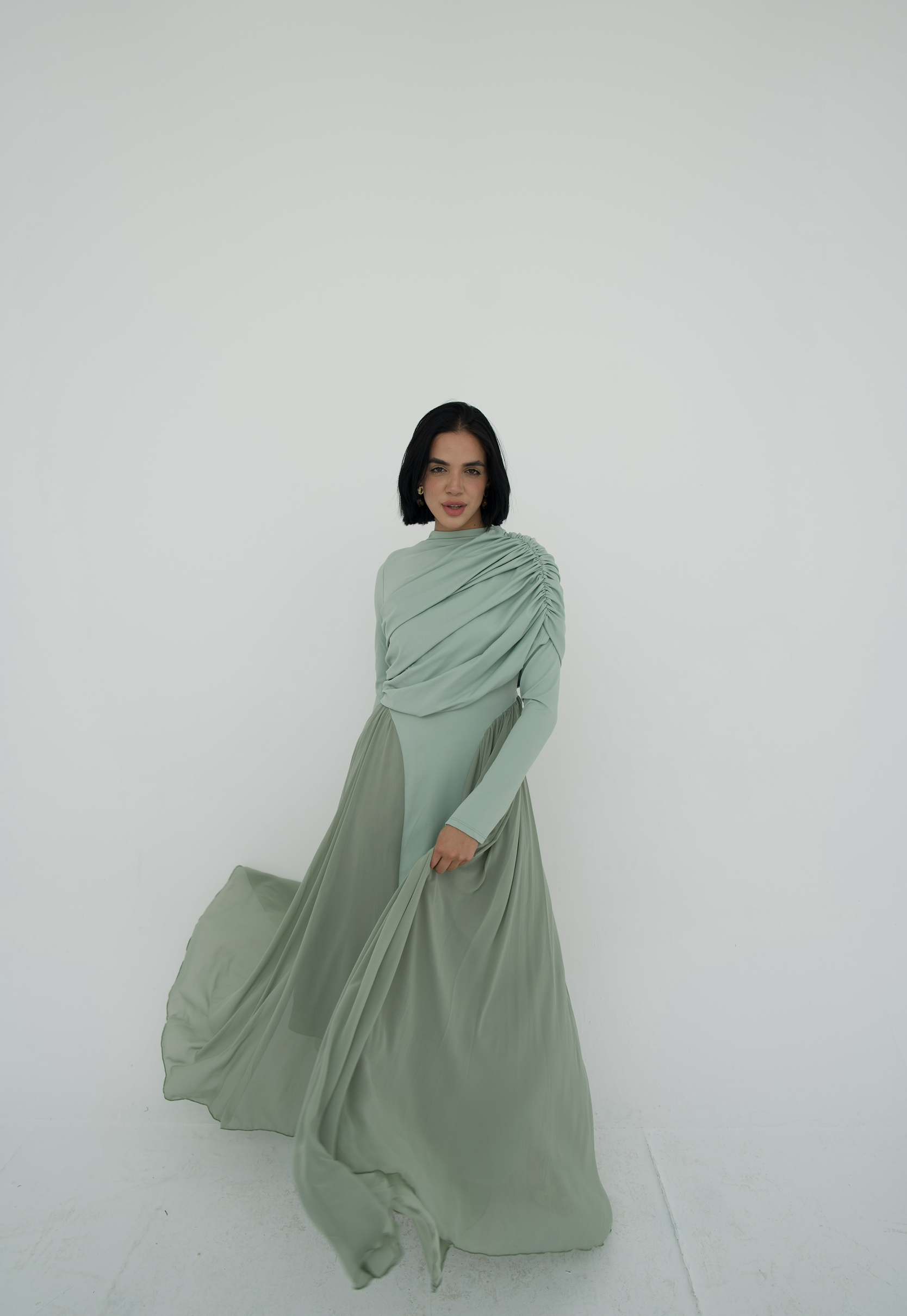 Amwaj gown with shoulder drappes in Mint with chest cover