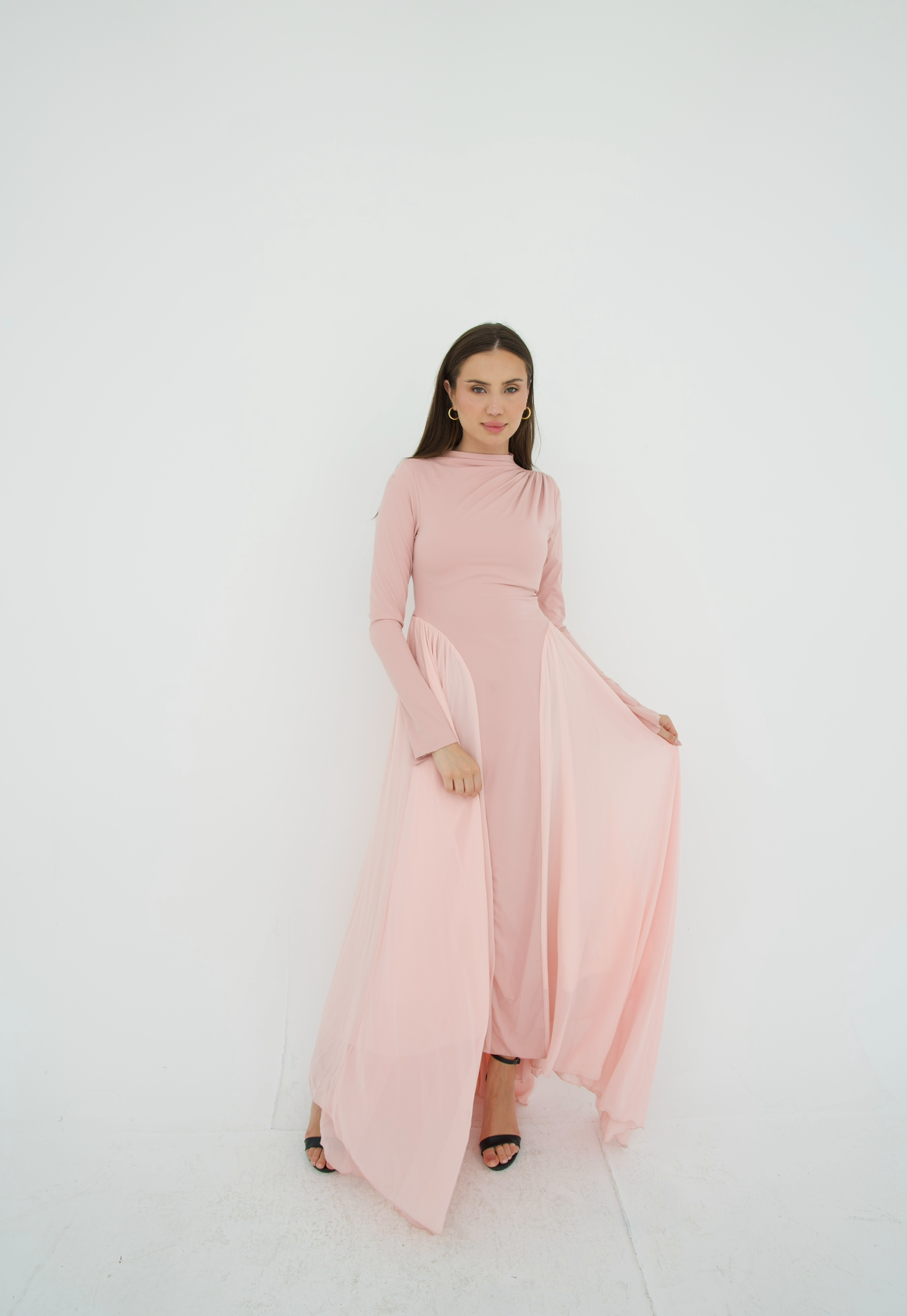 Amwaj gown with shoulder drapes in Pink with chest cover