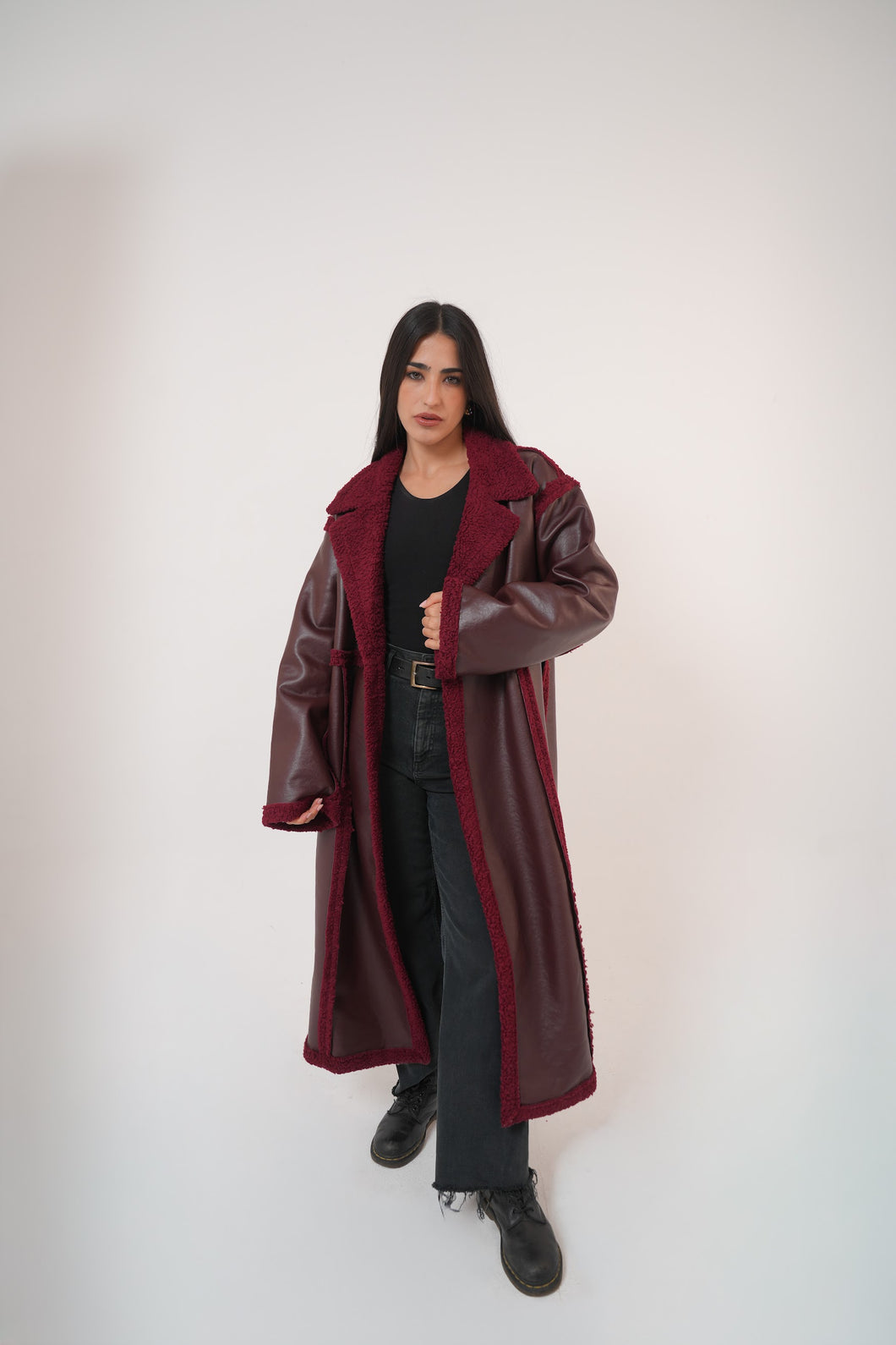 Premium Fur Leather - long coat in burgundy