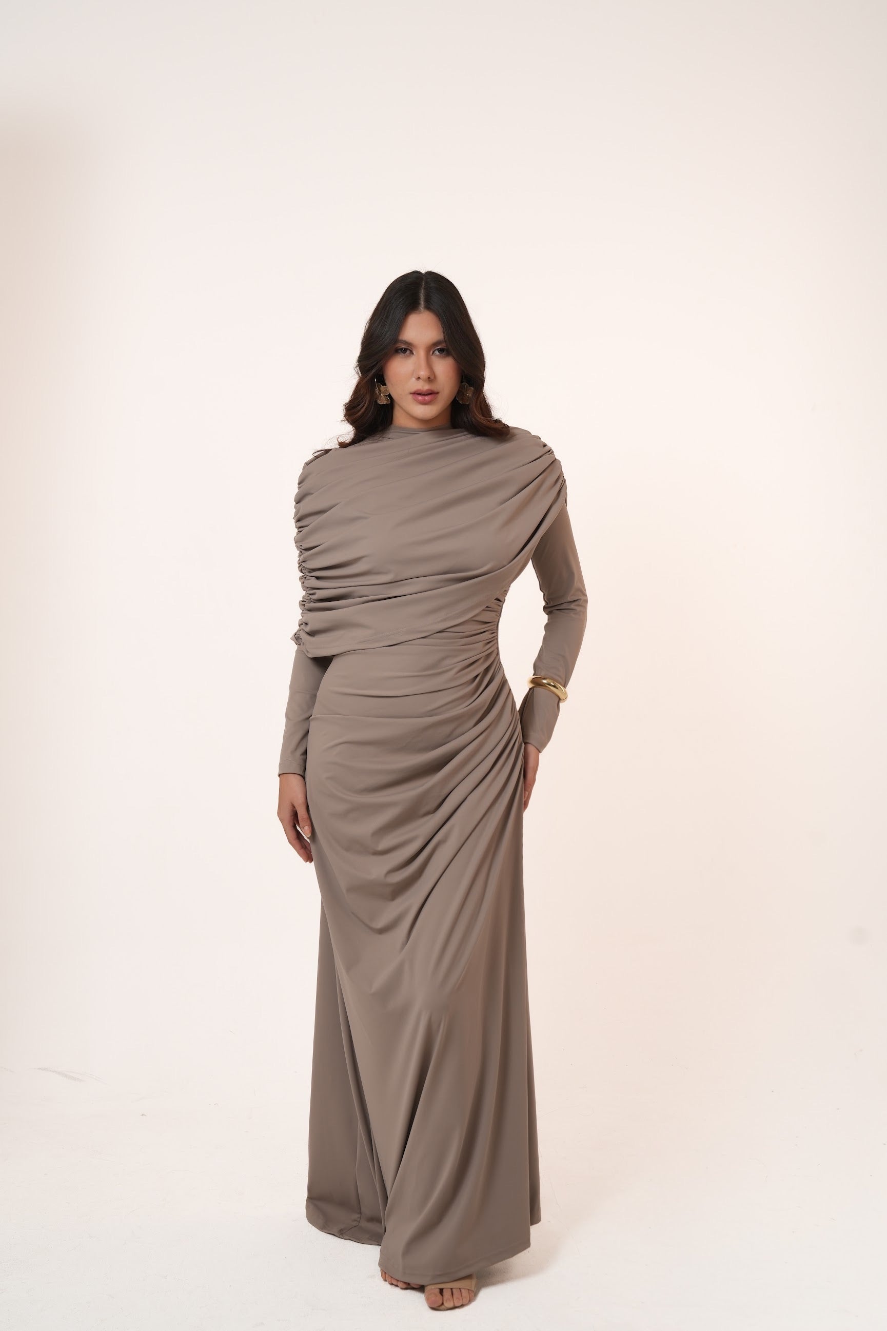 One-Side Draped Maxi Dress with Chest Cover in Griesh
