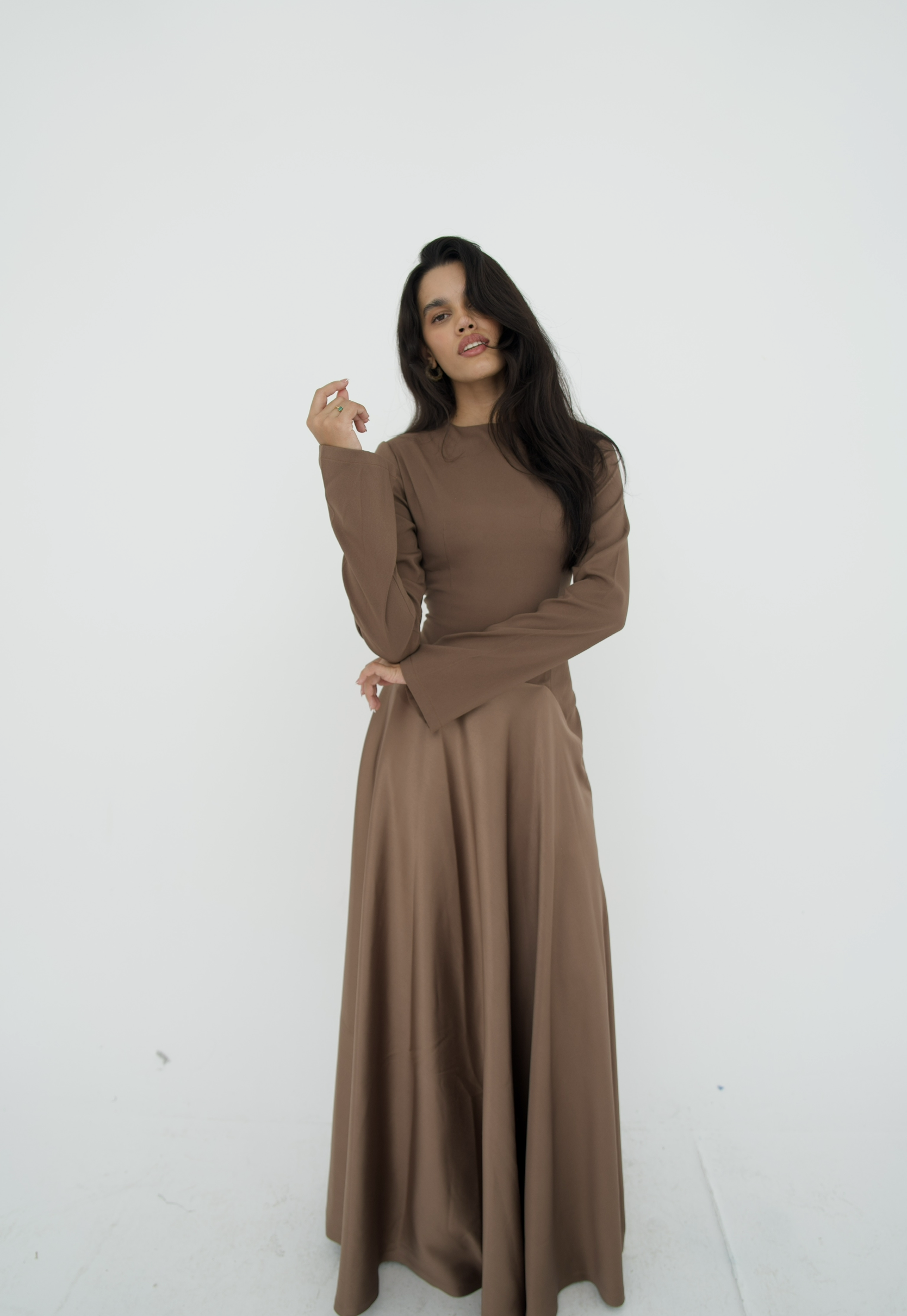 Satin half and half A-line dress in latte brown