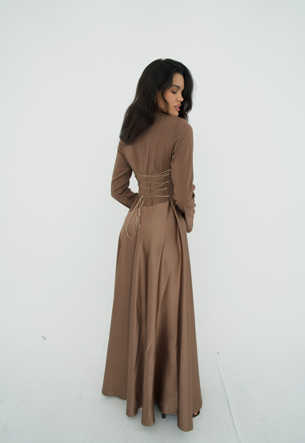 Satin half and half A-line dress in latte brown – Safa ghaly