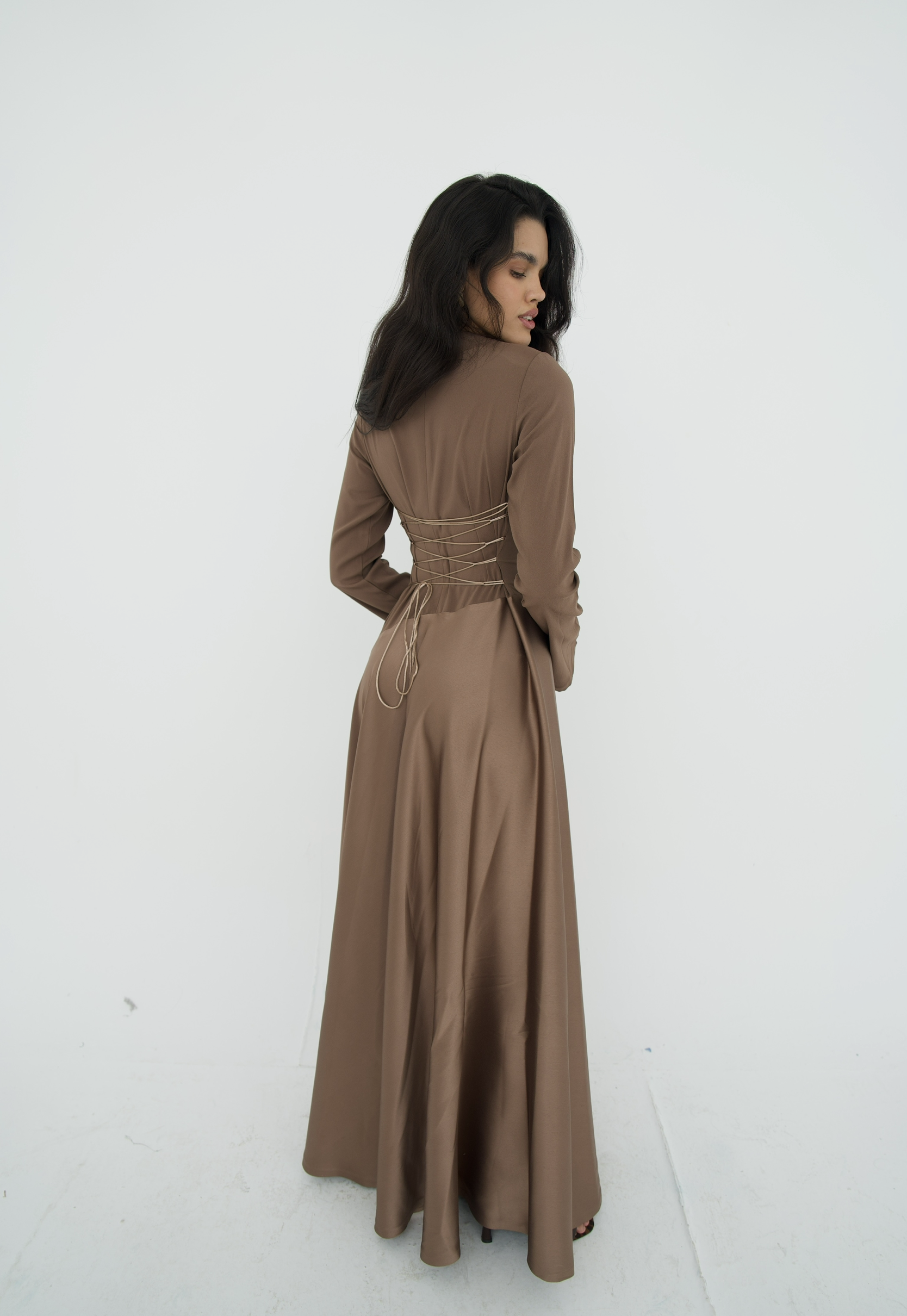 Satin half and half A-line dress in latte brown