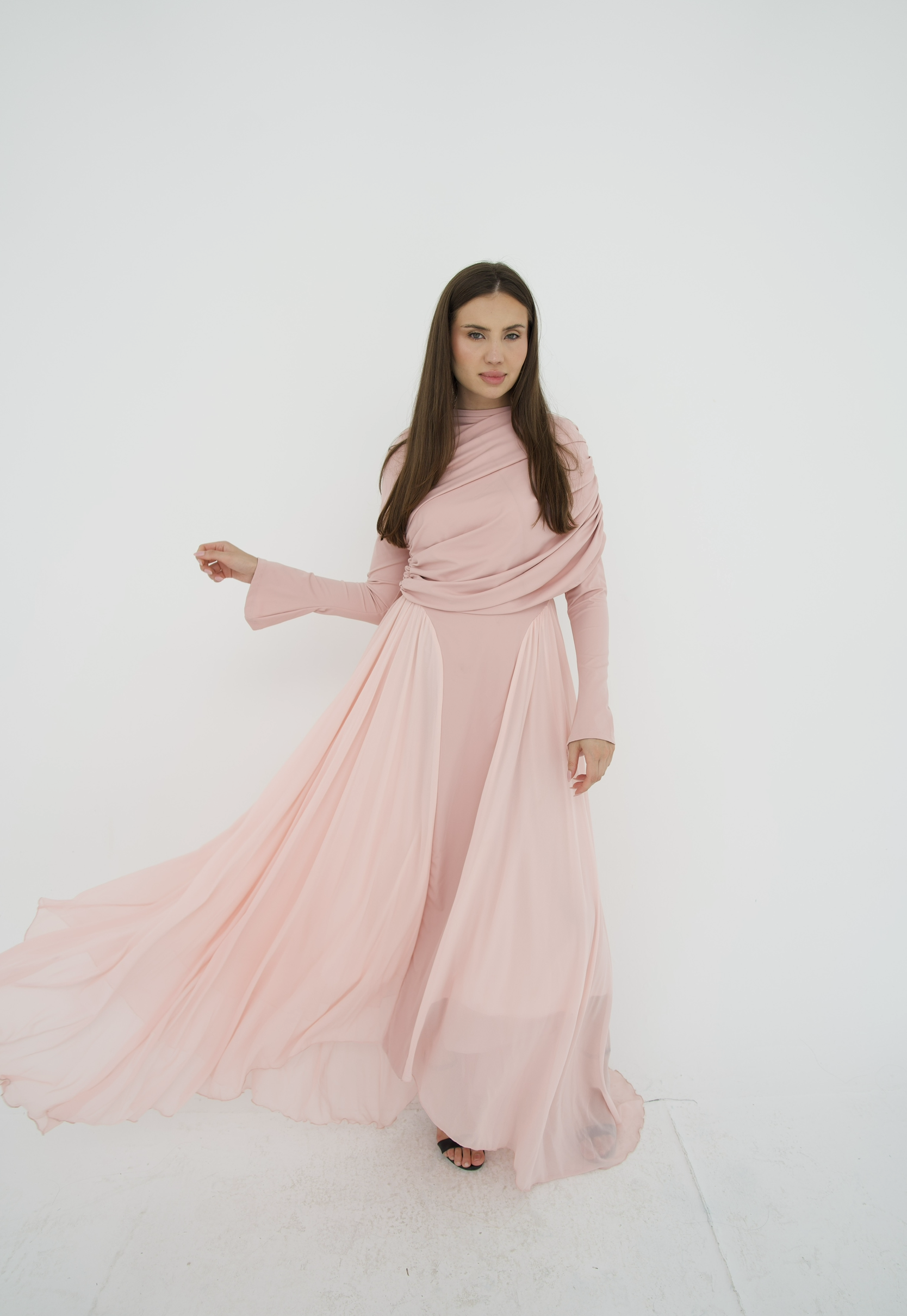 Amwaj gown with shoulder drapes in Pink with chest cover