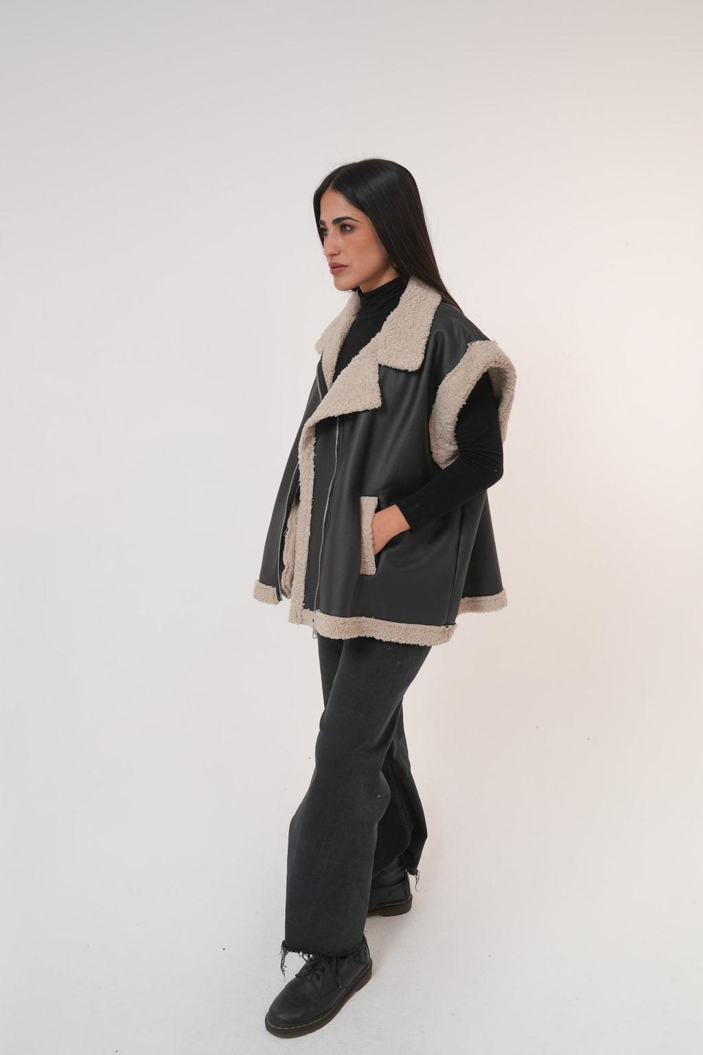Fur-Lined Leather Vest in Black