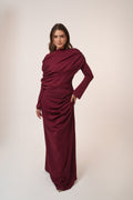 One-Side Draped Maxi Dress with Chest Cover in Burgundy