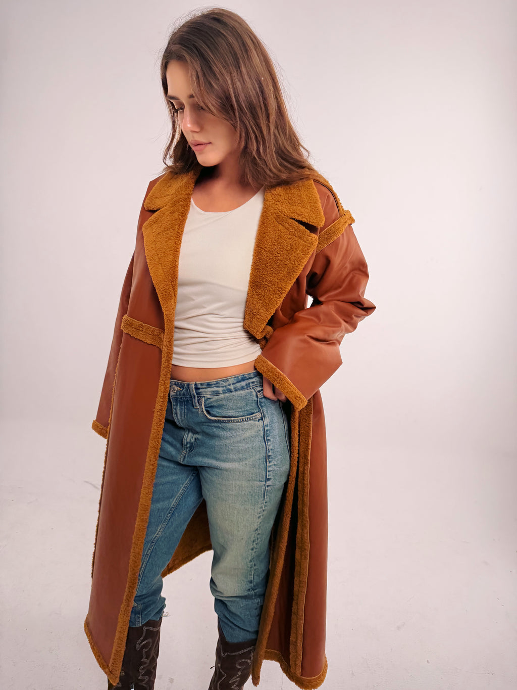 Premium Fur Leather - long coat in Camel