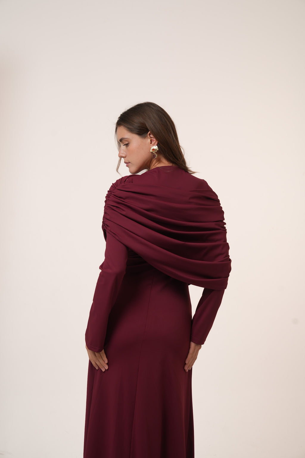 One-Side Draped Maxi Dress with Chest Cover in Burgundy
