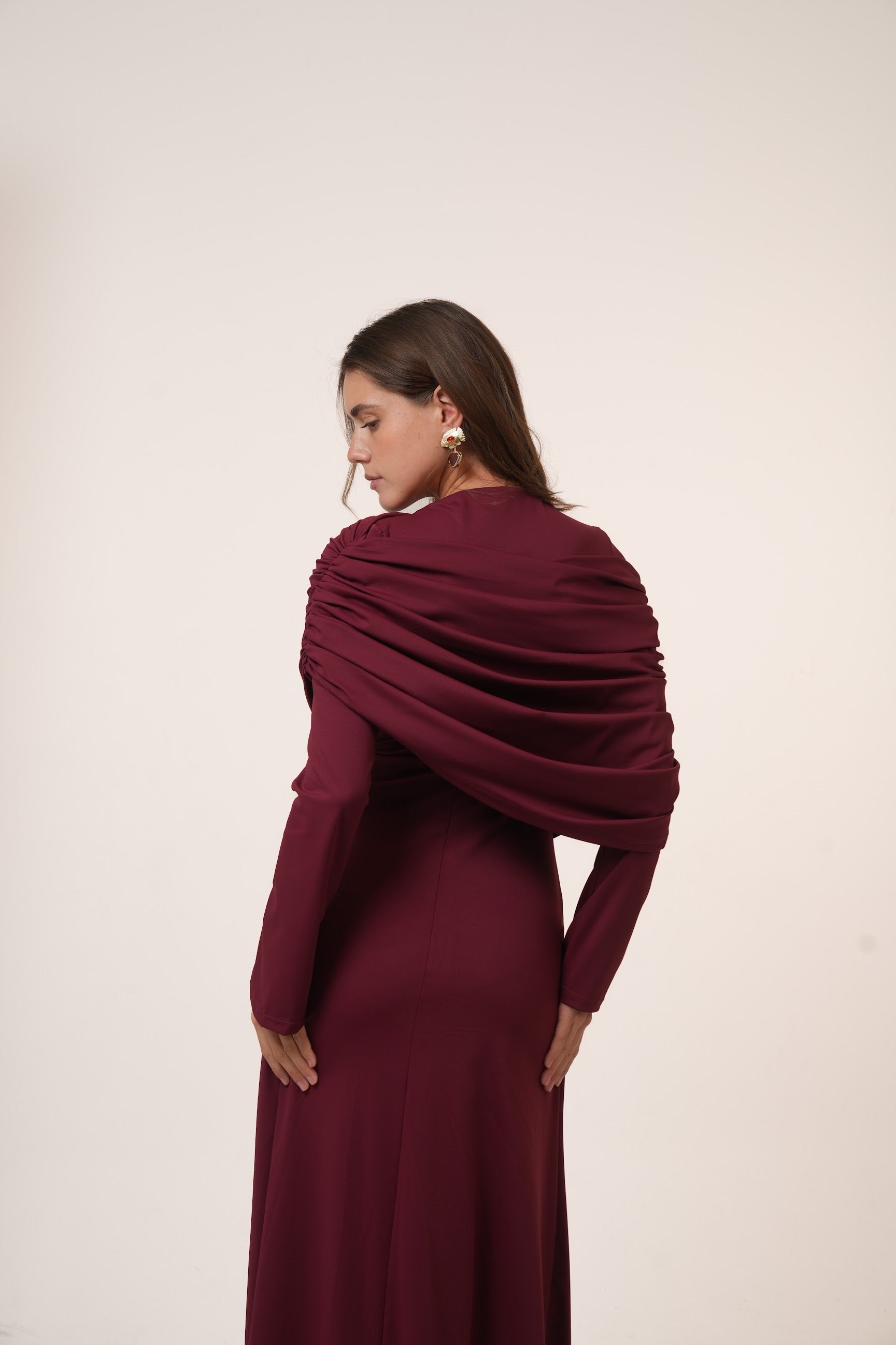 One-Side Draped Maxi Dress with Chest Cover in Burgundy
