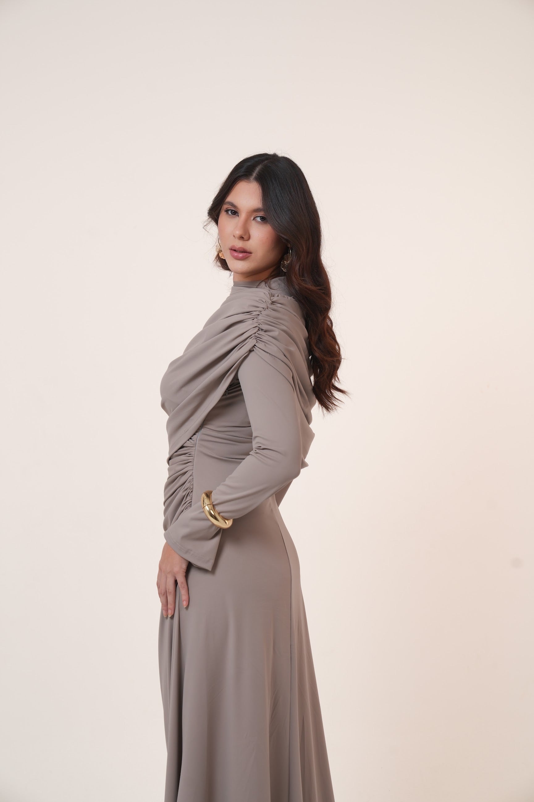 One-Side Draped Maxi Dress with Chest Cover in Griesh