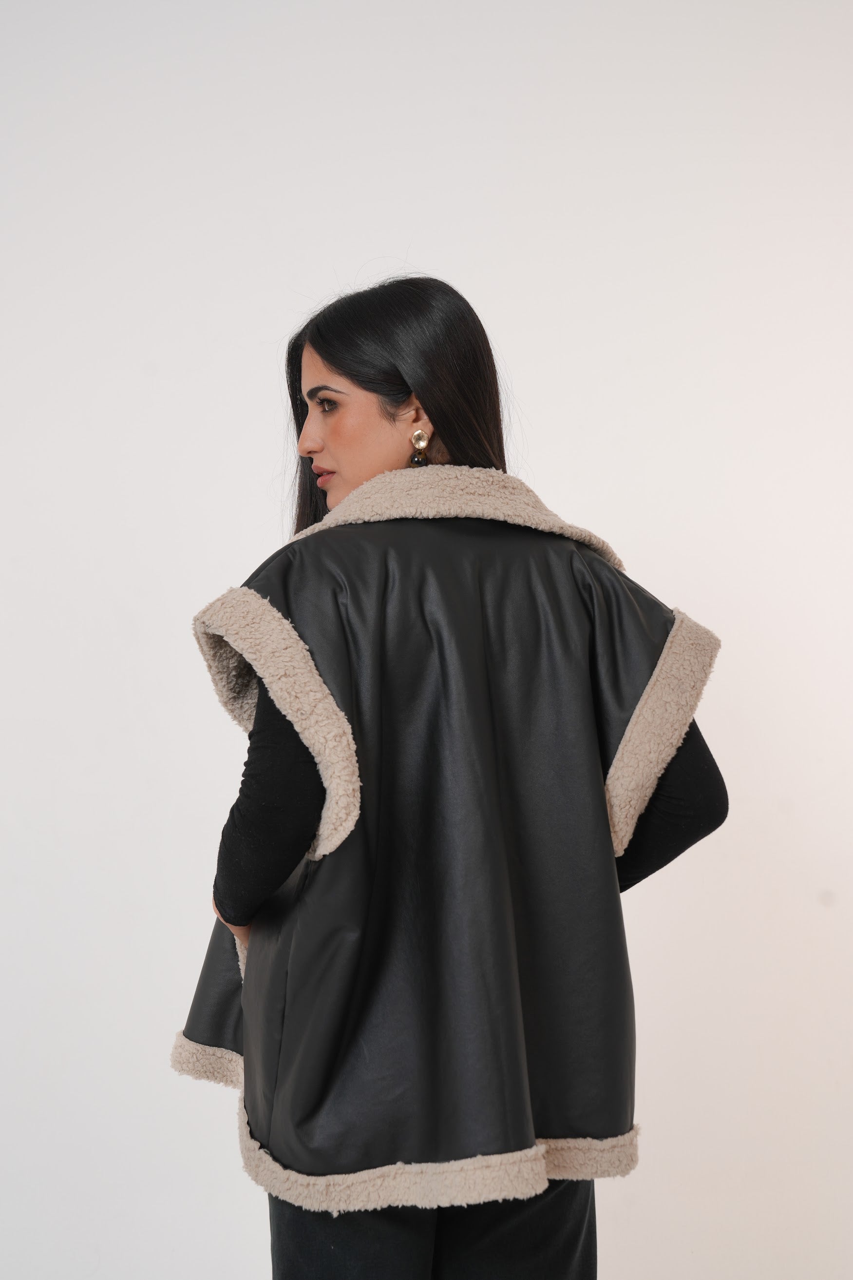 Fur-Lined Leather Vest in Black
