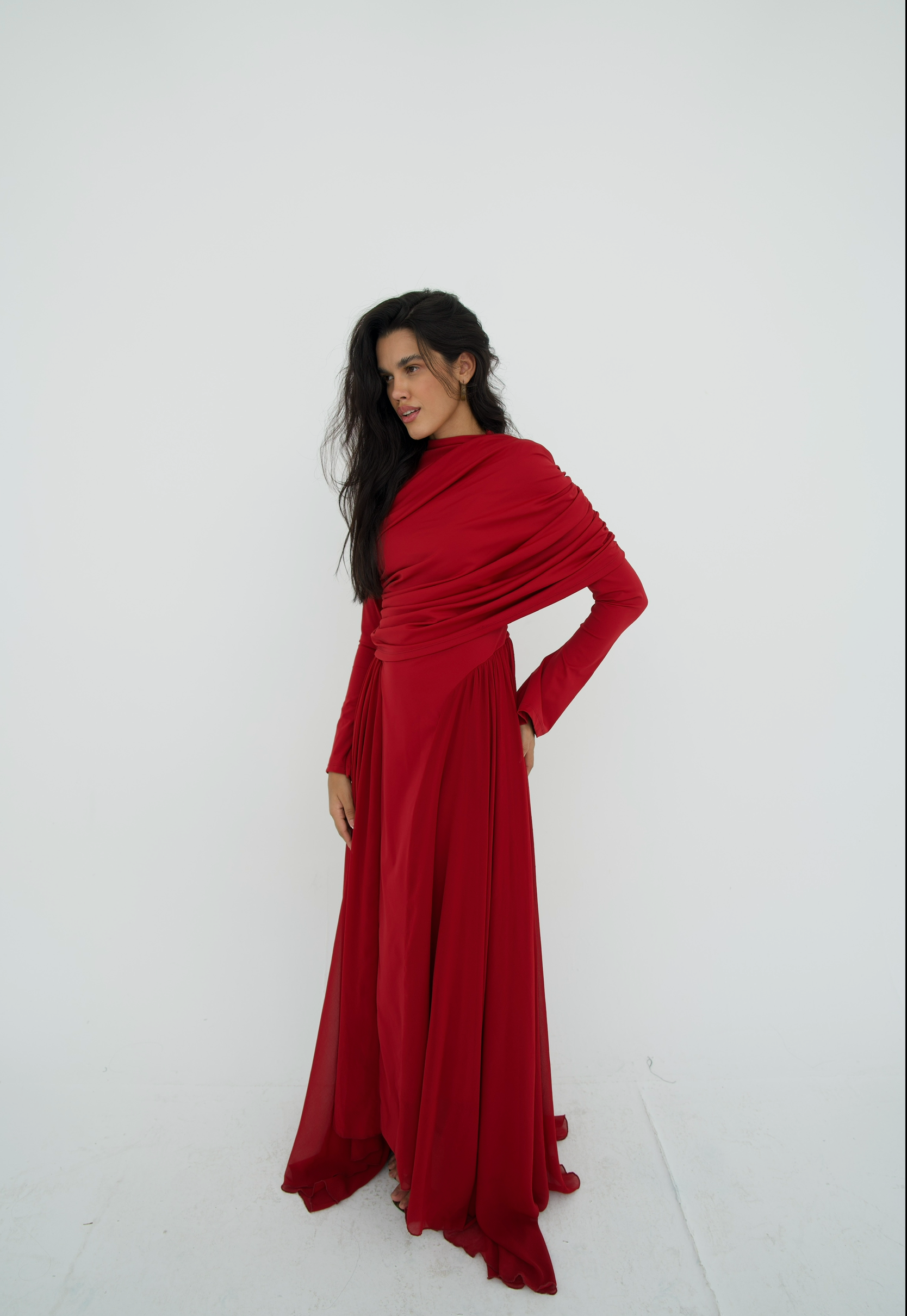 Amwaj gown with shoulder drappes in Dark red with chest cover