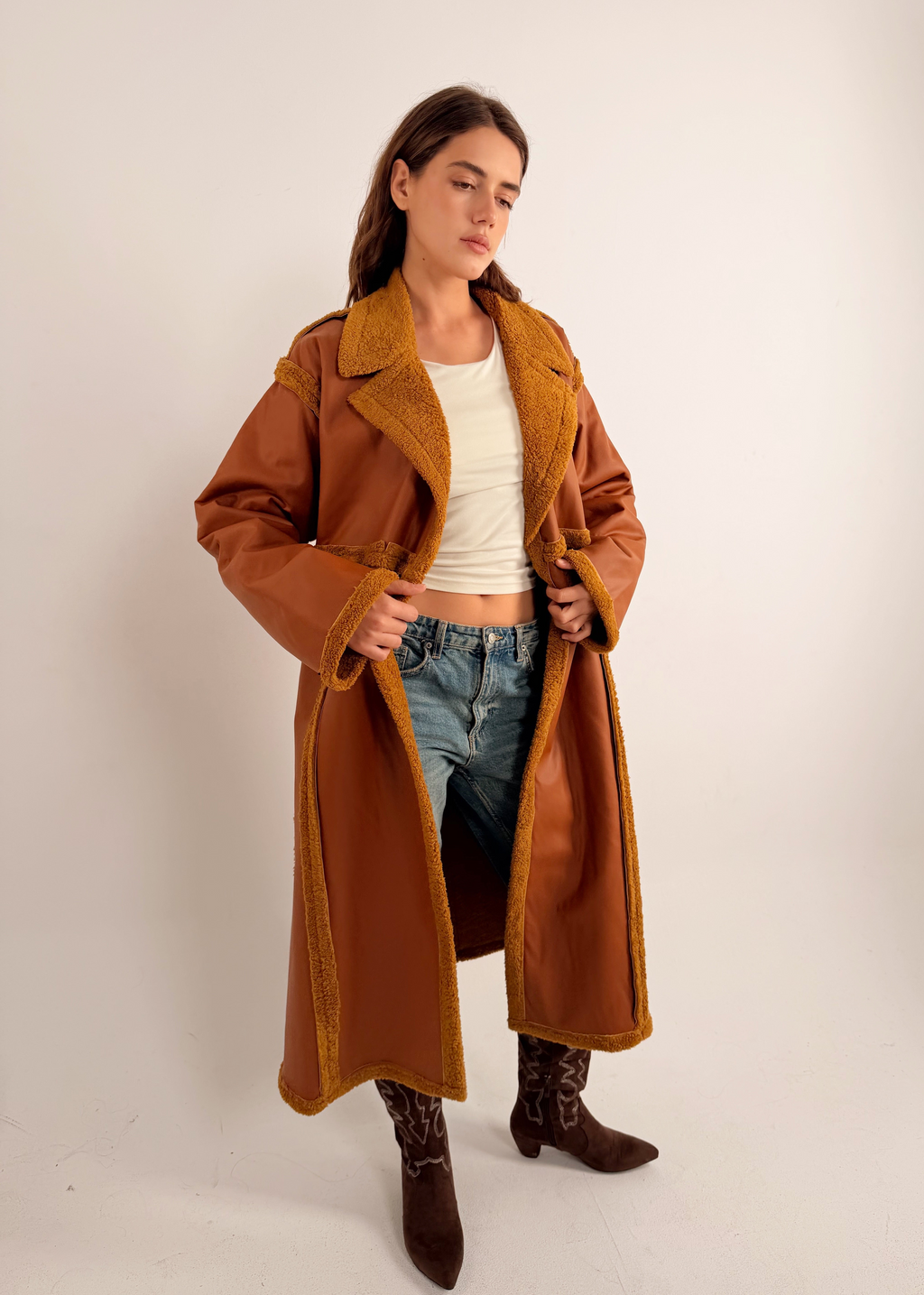 Premium Fur Leather - long coat in Camel